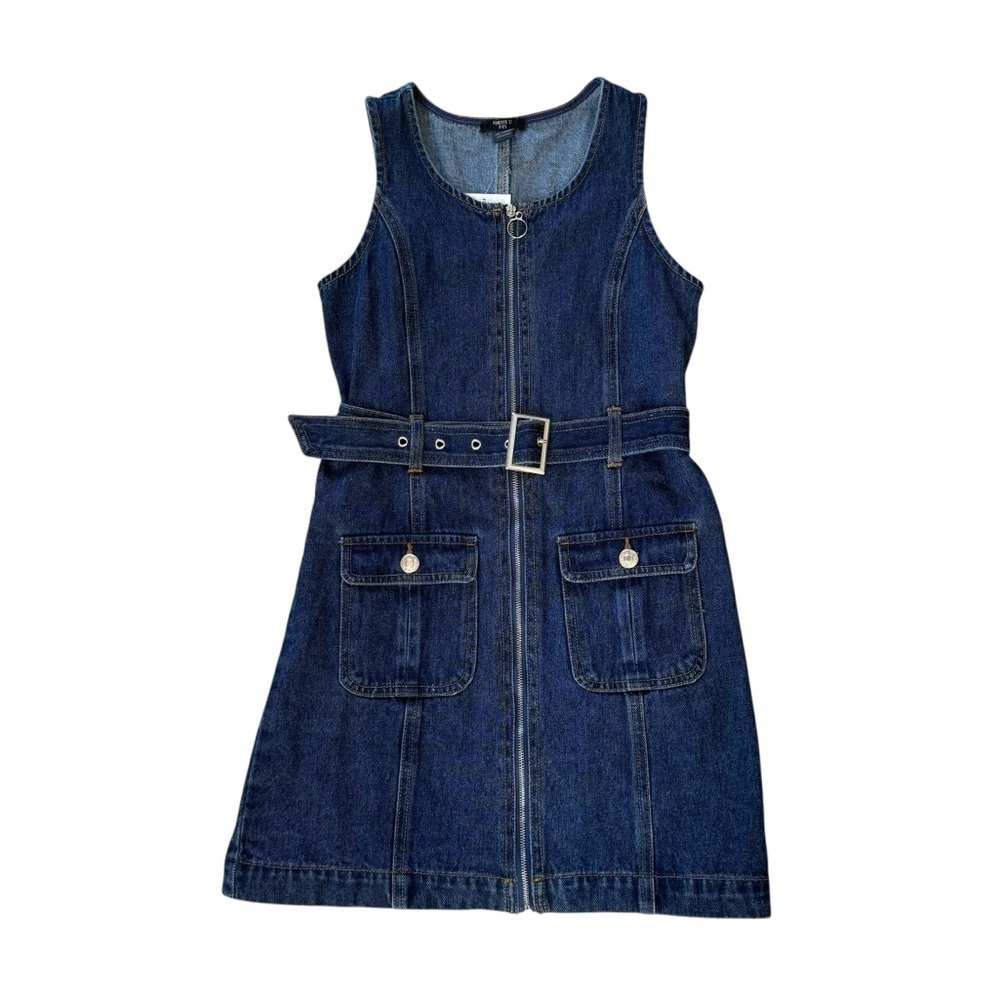 Forever 21 Blue Denim Jeans Dress Straight Sleeveless Belted Girls 11/12 NWT